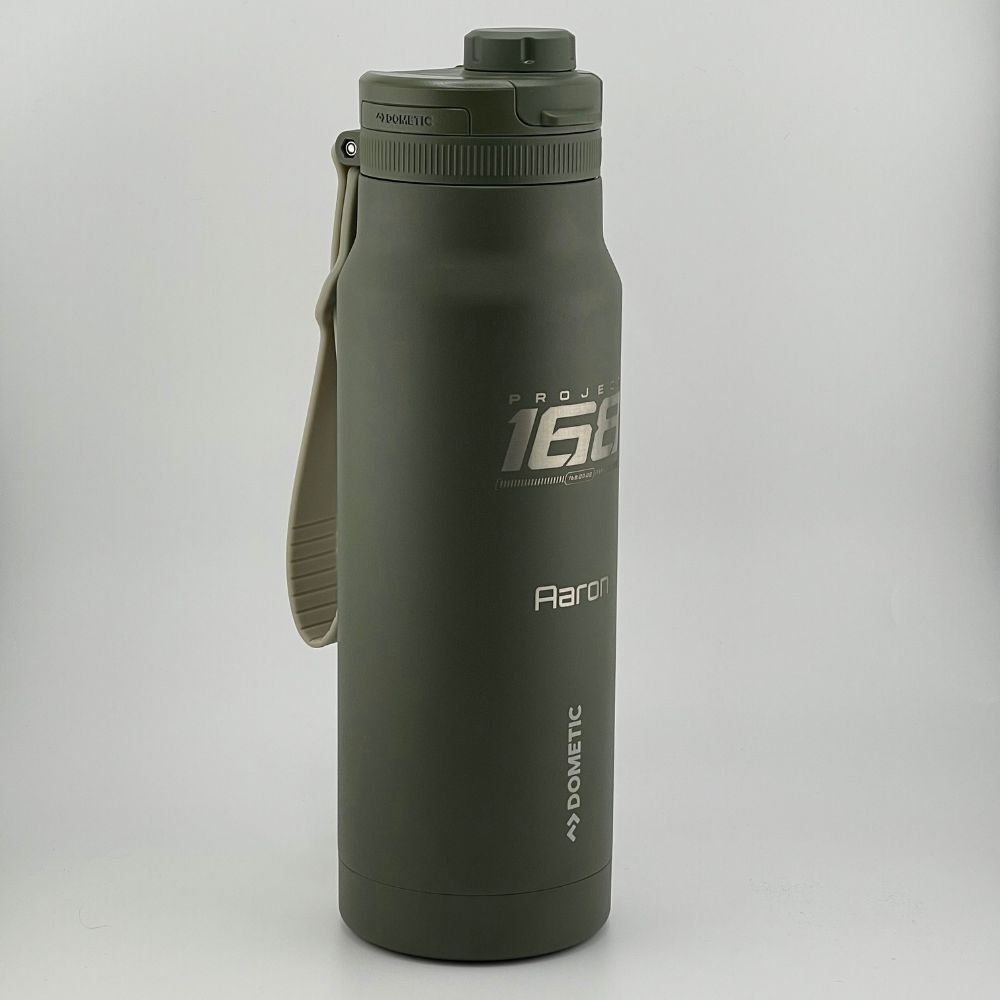Limited-edition Dometic 1L Chug Bottle with Project 168 branding and personalised name engraving